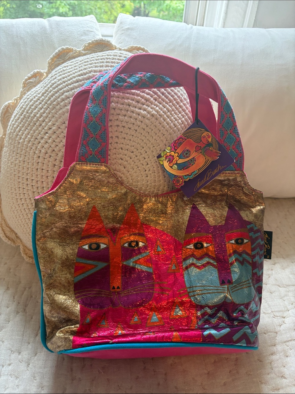 NWT Laurel Burch Colorful Cats foil Scoop Tote